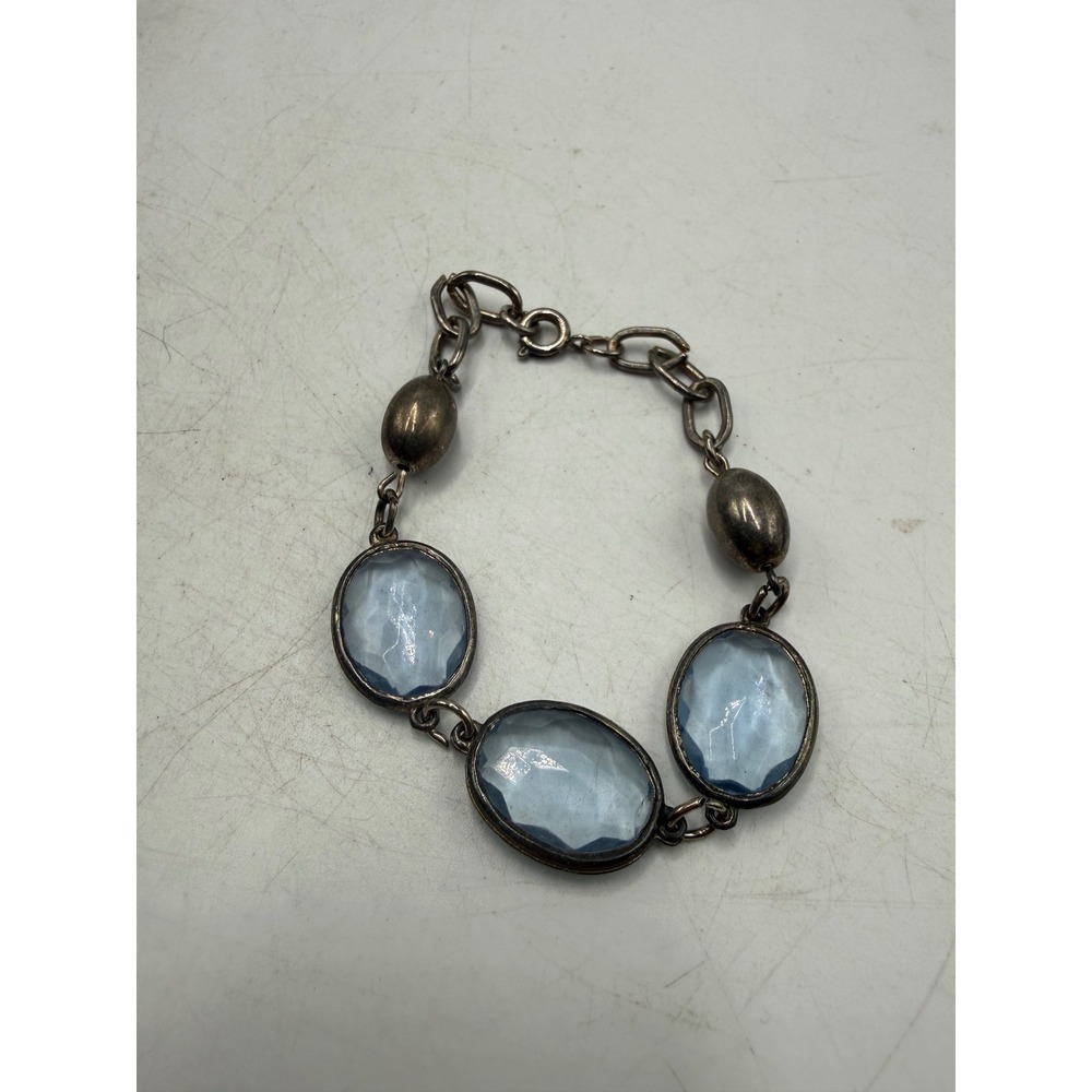 Vintage Silver Tone Oval Light Blue Faceted Glass Stone Link Bracelet 8.5"
